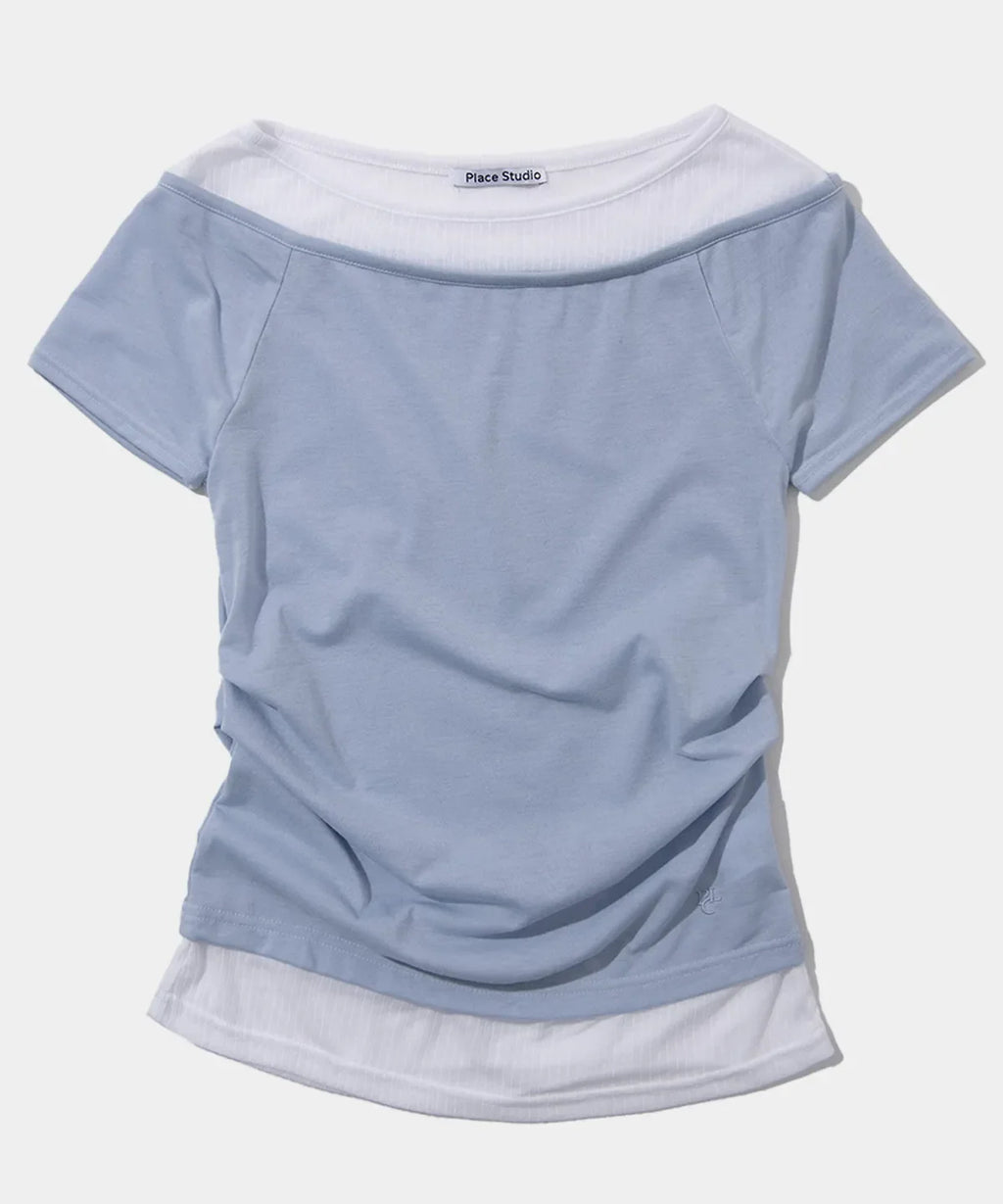 See-through double layered pin tuck slim fit short sleeve t-shirt