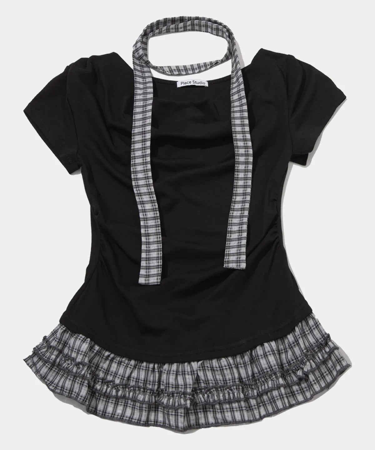 Check Tie & Pintuck Check Frill Off-Shoulder Sleeve