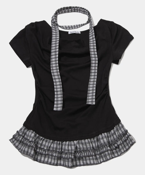 Check Tie & Pintuck Check Frill Off-Shoulder Sleeve